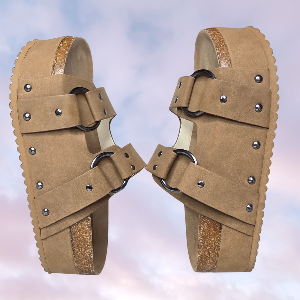 Mia Tan Brown Platform Studded Slip On Flip Flop Boho Sandal Slides Sz 8 - Picture 6 of 8
